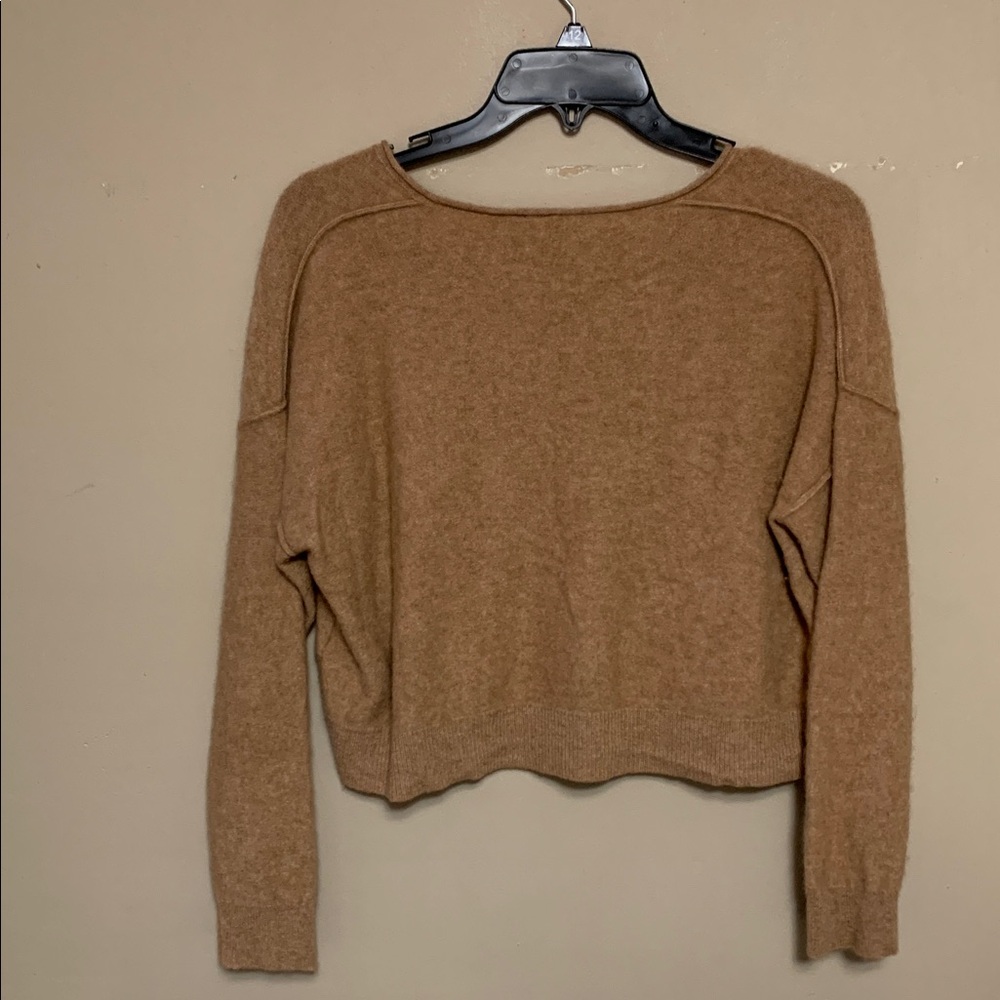 Pilcro Women V-Neck Cropped XXSP Deep Tan Cashmere Sweater Boxy Minimalist Q - Picture 2 of 11